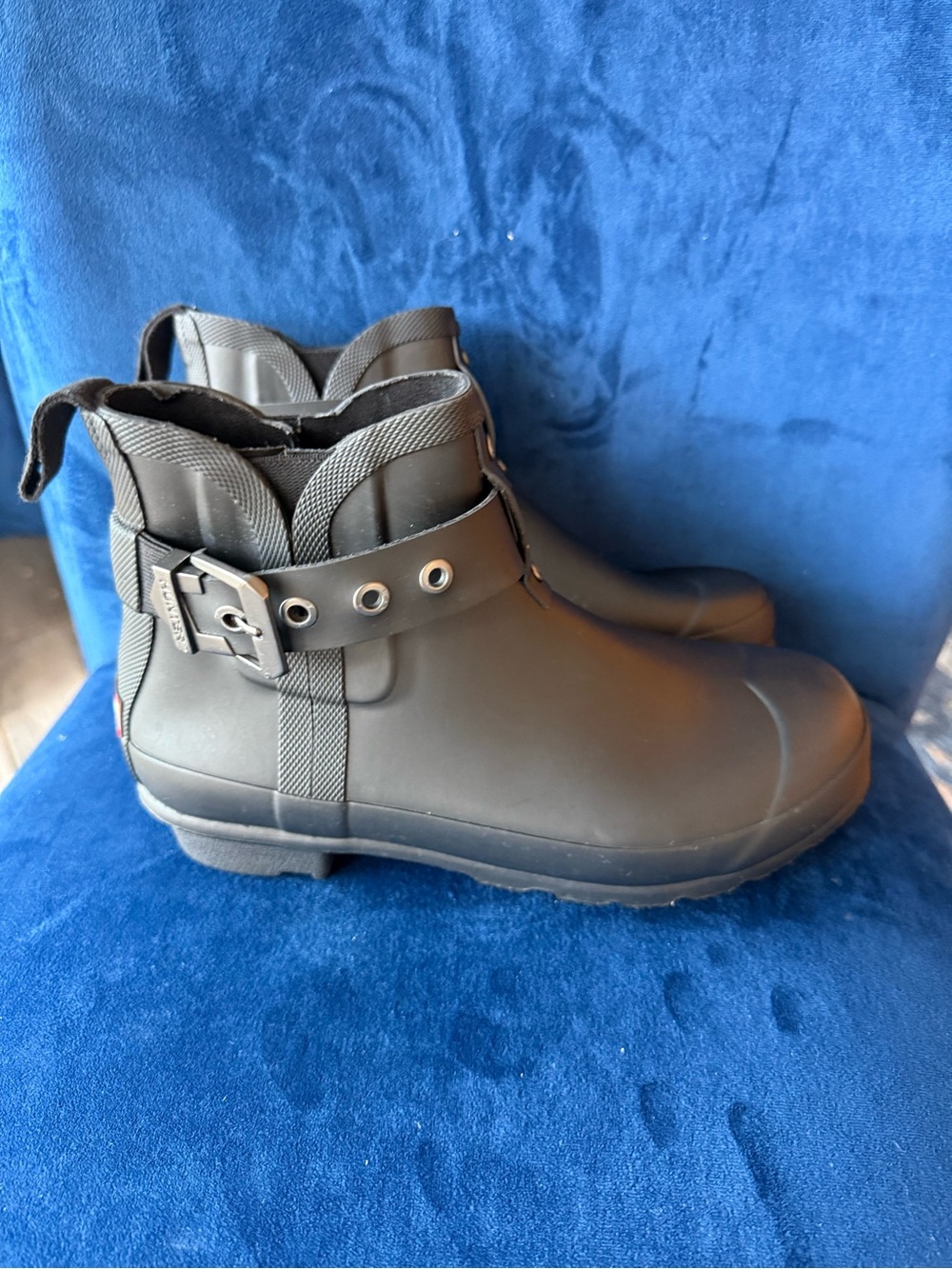 Hunter Black Short Waterproof Buckle Ankle Boots